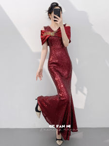 Wine Red Bride Banquet Gown Fish Tail & Sequin Design