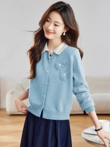 Spring Autumn Doll Collar Knitted Sweater Coat Womens High Waist Short Outerwear with Skirt Korean Style Loose Fit Long Sleeve