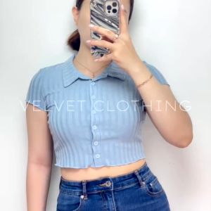 Crop Top Kerah Kancing Rib Knit / Crop Top Button Wanita / Crop Top Rib Kancing 4697