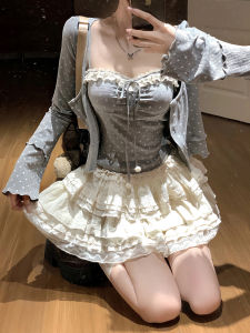 Early Autumn Atmosphere Sweet Strap Cardigan Top Three-Piece Set Short Skirt Long Sleeve Suite for Small Figures