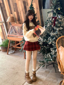 Autumn Winter College Style Dress Set Womens New Years Outfit Christmas Theme A-Line Skirt High Waist Long Sleeve round Neck