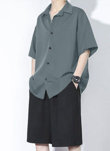 Shirt Mens Summer Ice Silk Short-Sleeved Drapey High-End Loose Casual Solid Color Shirt for Men