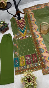 Women Punjabi Suit Digital Printed Olive XXL/L/XL/Custom/M