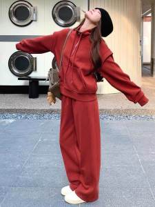 Red Zodiac Year Sportswear Set Womens Casual Loose Fashionable Sweatshirt Two-Piece Set Spring Autumn Student Style Cotton Long Sleeve Zipper