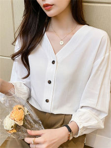 เสื้อเชิ้ตผู้หญิงคอวีผ้าชีฟองสไตล์ฝรั่งเศส ฤดูใบไม้ร่วง 2024 เสื้อเชิ้ต OL สำหรับผู้หญิง แขนยาว ปกติ 100% ผ้าอื่นๆ