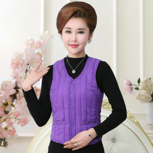 Womens Short Thickened down Cotton Vest Autumn Winter Warm Inner Lining Faux Silk Cotton V-neck Single Button Closure