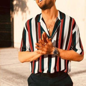 Slim Fit Vertical Striped Shirt Short Sleeve Top Mens Fashion Summer Casual Wear Regular Thickness Youth Popular Style