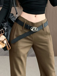 กางเกงขายาวทรงหลวมเอวสูงสไตล์อเมริกันสำหรับผู้หญิง ทรงขาบาน ทรงสลิมฟิต กางเกงขายาวลำลอง ทรงหลวม สีน้ำตาล