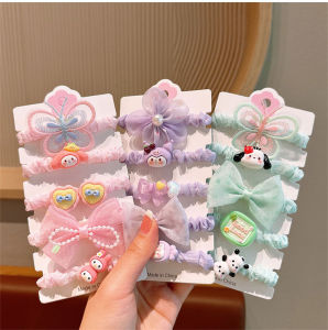 [Hàng sẵn có] 5pcs thiết lập phim hoạt hình Sanrio bé gái đàn hồi buộc tóc cao su ban nhạc bé Hoa cung tóc dễ thương Bộ cà vạt đeo phụ kiện tóc