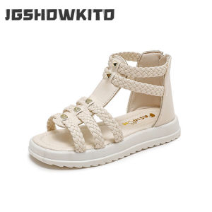Kids Summer Sandals for Girls 2025 New Versatile Korean Style PU Soft Non-slip Flat Casual Weave Gladiator Sandals Princess Soft
