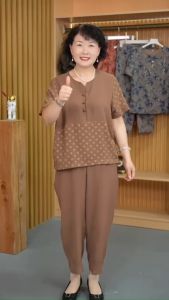 Đồ bộ nữ trung niên cho mẹ bộ LỤA PHÁP trung niên nữ họa tiết phối Bi quần 9 Tấc ống nhỏ cao cấp .KB2