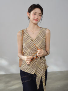 Vintage Style Wrap V-Neck Gingham Irregular Sleeveless Summer Blouse