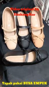 Sepatu Flatshoes Pita Wanita Burgundy Tali Tengah Busa Empuk Anti Slip Hitam Kekinian