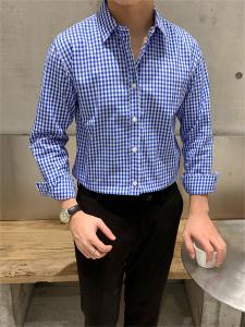 Blue Plaid Long Sleeve Mens Shirt Fashionable Comfortable Casual Style Youthful Trendy Business Casual Pointed Collar Slim Fit