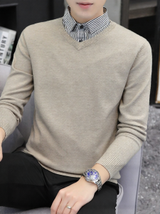 PERDONTOO | Fake Two Pieces Shirt Collar Mens Sweater