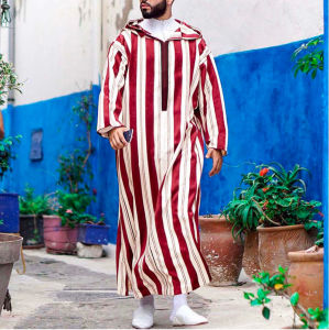 Mens Muslim Jubba Saudi Arabia Long Sleeve Thobe Islamic Kaftan Tunic Red Stripe Shirt Robe
