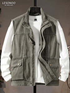 LIANSENNIAO | Stand Collar Workwear Denim Vest Fashion Multi Pockets