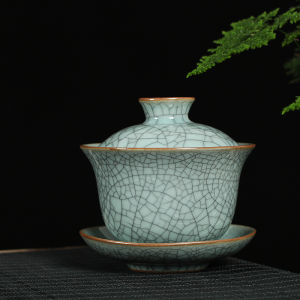 ชามชาเซรามิคสีเขียวขนาดใหญ่สำหรับใช้ในบ้าน อุปกรณ์ชงชาแบบโบราณ ชามชาสามมิติ เครื่องดื่มชา ชามชาเคลือบน้ำแข็ง