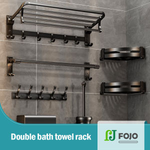 【DR】Bathroom Shelf Organizer Space Aluminum Towel Rack Punch-free Shower room Shelf with Hooks and Adjustable Bar Bathroom Shelves Rust Proof Stand Paste Installation Wall Mounted Washroom Accessories Set