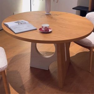 Retro Style Solid Wood Dining Table Set Creamy Designer Art Table Home Use round Shape FAS Grade White Ash Wood Furniture