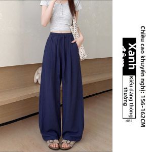 XIANYIJIAO | Quần Dài Phối Đai Cao Màu Xanh Navy Vải Lin Mỏng Slim Fit