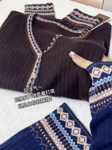 Loose V-Neck Knitted Sweater Womens plus Size Patchwork Autumn New Style Dark Blue Comfortable Soft Korean Style Long Sleeve