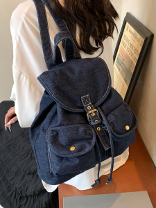 Large Capacity Denim Bucket Bag Womens Backpack Fashionable 2025 New Style Mountain Climbing Travel Backpack Dual Shoulder Strap