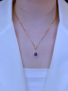 New 2025 Titanium Steel Zirconia Womens Necklace Purple Teardrop Fashionable Accessory Business OL Style Single Layer Chain