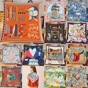 Elegant French Style Large Square Silk Scarf 90x90cm Womens Decorative Shawl Horse Head Print Saddle Belt Chain Pattern