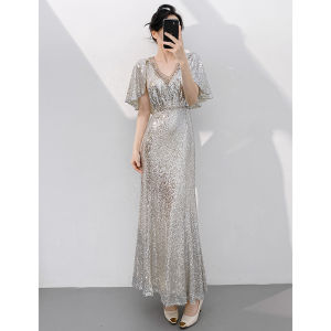 Red Evening Gown Dress Light Luxury Fish Tail Sequin