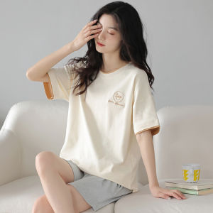 MiiOW | Womens Summer Sleepwear Set Thin Cotton Short Sleeve Casual Home Clothes Outdoor Wearable Round Neck Print Comfortable Short Pants