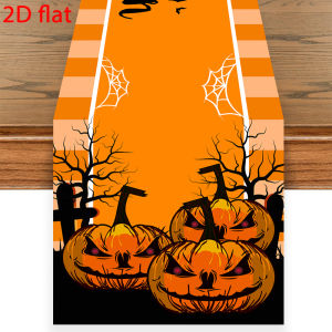 Happy Halloween Striped Table Runner Pumpkin Bat Spider Web Print Spooky Season Table Scarf Party Kitchen Holiday Home Decor