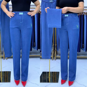Fall Womens Ice Silk Jeans Elastic Waist Straight Leg Loose Casual Pants plus Size Long Trousers Mom Jeans High Waist Long Pants