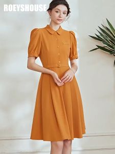 Đầm vàng cam trơn cổ sơ mi tay ngắn phồng