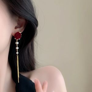 Original Red Rose Pearl Ear Cuff No Piercing Mosquito Coil Tray Ear Clip Fashionable Chinese Style Decorative Copper Jewelry