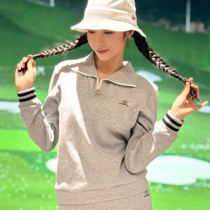 Áo quần chơi gôn mùa đông và phong cách mùa thu mới cho phụ nữ-Áo len dài tay có nút áo chui khoá kéo dày và ấm thoải mái chất lượng cao thời trang bộ đồ thể thao giản dị Ngoài Trời Màu Xám Váy chống co rút và chống nới lỏng