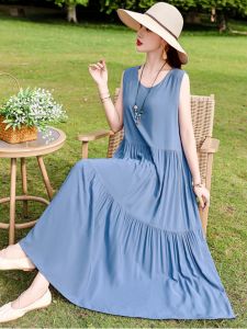 French Elegant Summer 2025 New Loose Large Size Ultra Long Cotton Silk Floral Vest Dress Womens High Waist Print A-Line Skirt