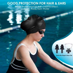Large Long Hair Swim with Extra Room for Women Men Silicone Swimming Cap for Long Thick Hair with Ear Plugs Nose Clip Set