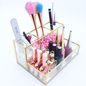 Nordic Glass Gold Rimmed Nail Art Tool Organizer Desktop Storage Box for Dust Bristle Tweezers And Jewelry Temeike Brand