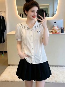 AIYITI | Áo Blouse Tay Ngắn Mùa Hè Kiểu Dáng Preppy Trẻ Trung Cổ Đứng Size Lớn