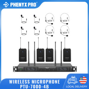 Phenyx Pro PTU-7000-4B Wireless Microphone System 4 Channel Wireless Mic Set 4 Headsets/Lapel Mics Auto Scan 328ft Coverage for Singing DJ Church Stage Karaoke