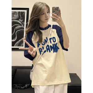 Áo Thun Cotton Mùa Hè Cỡ Lớn Cho Nữ Tay Ngắn Màu Tương Phản Phong Cách Hồng Kông Cổ Tròn Dáng Rộng Thoải Mái Chất Liệu Cotton