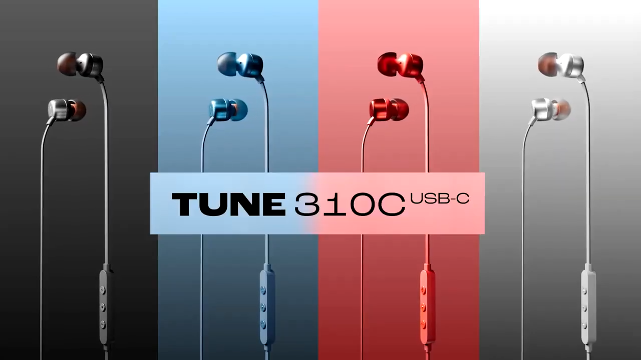 JBL Tune 310c USB-C Wired Earphones with Microphone. Black color. Three-button remote with microphone. Compatible with USB-C devices. JBL Pure Bass sound. Available in multiple colors.