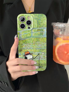 เคสโทรศัพท์พลาสติกแบบป้องกันการตกหล่น สไตล์การ์ตูน Snoopy ตกปลา ลายพื้นผิวแบบวาดภาพฝังน้ำแข็ง สำหรับ iPhone 15 pro Max 16 Huawei Oppo OnePlus Vivo Honor Xiaomi