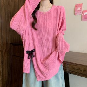 Pink Long Sleeve T-Shirt Womens Mid-Length Butterfly Knot Slit Casual Comfortable Korean Style plus Size Spring Autumn New Arrival