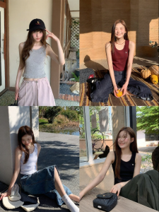 NIHAOKANONG | Áo Camisole Co Dãn Phù Hợp Đa Năng Chữ In Khối Màu Hoa Kỳ Retro Đơn Giản