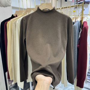 Slim Fit Knitted T-Shirt Womens Half High Collar Pure Color Inner Wear Base Shirt Top Korean Style Long Sleeve Regular Length