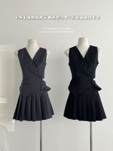 Fashionable Summer Suit Set for Women V-Neck Irregular Waistless Sleeveless Blazer Vest with Plaid Skirt Two-Piece Set