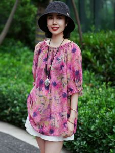 Summer New plus Size Casual Loose Slimming Lazy Violet Print T-Shirt Womens Fashionable Short Sleeve Polyester Shirt