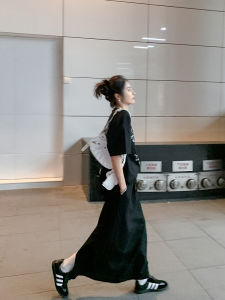 High Waist A-Line Midi Skirt for Women Ankle-Length Black Versatile Slimming Design Back Split Workwear Cotton Blend Skirt